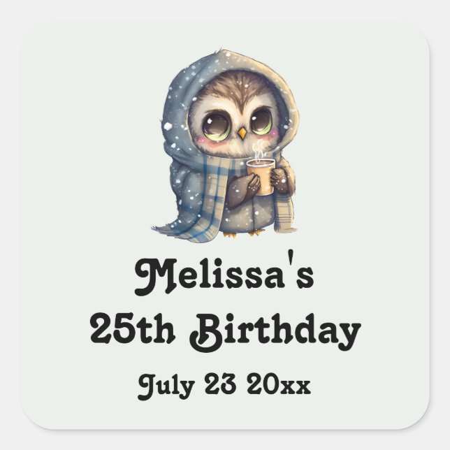 Cute Big-Eyed Owl Holding a Coffee Party Date Square Sticker (Front)