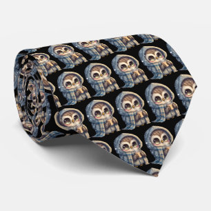Cute Big-Eyed Owl Holding a Coffee Pattern Tie