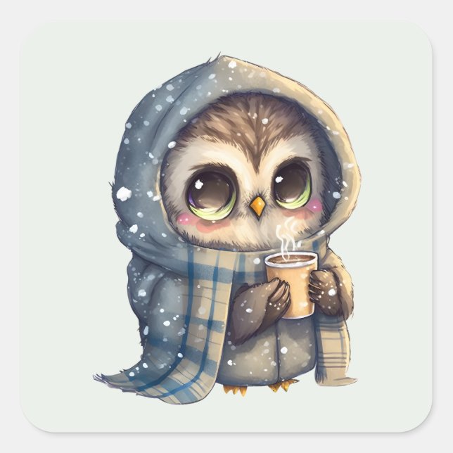 Cute Big-Eyed Owl Holding a Coffee Square Sticker (Front)