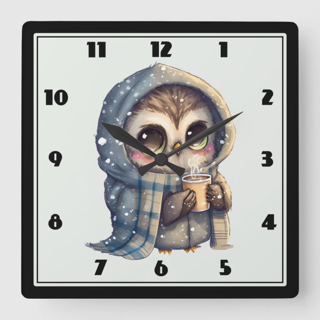 Cute Big-Eyed Owl Holding a Coffee Square Wall Clock (Front)