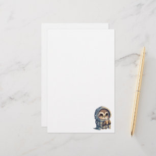 Cute Big-Eyed Owl Holding a Coffee Stationery