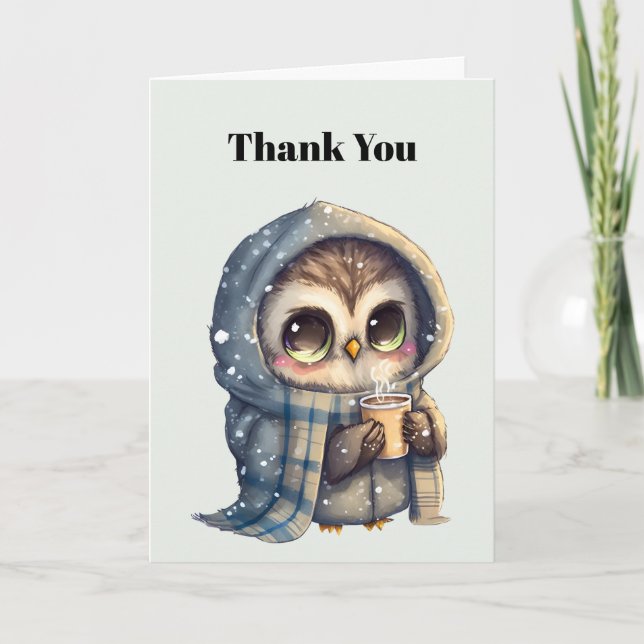 Cute Big-Eyed Owl Holding a Coffee Thank You Card (Front)