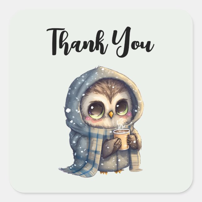 Cute Big-Eyed Owl Holding a Coffee Thank You Square Sticker (Front)