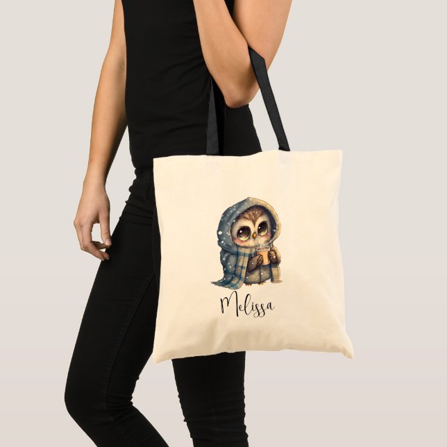 Cute Big-Eyed Owl Holding a Coffee Tote Bag (Front (Product))