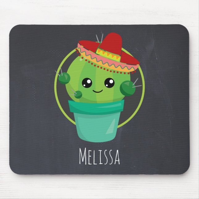 Cute Big-Eyed Smiling Cactus in Red Sombrero Mouse Mat (Front)