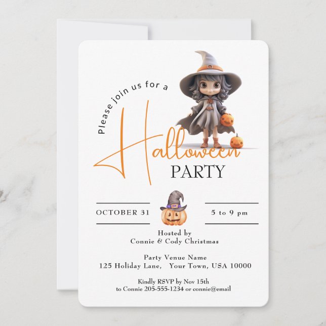 CUTE BIG EYED WITCH, HALLOWEEN PARTY INVITATION (Front)