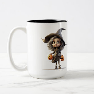 Cute Big Eyed Witch with Pumpkins Trick or Treat Two-Tone Coffee Mug