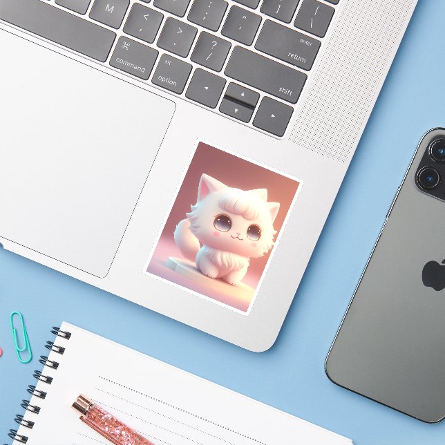 Cute Big Eyes Fluffy White Cat (Laptop w/ iPhone)