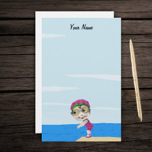 Cute Big Eyes Swimmer Girl Pink Polka Dots Stationery