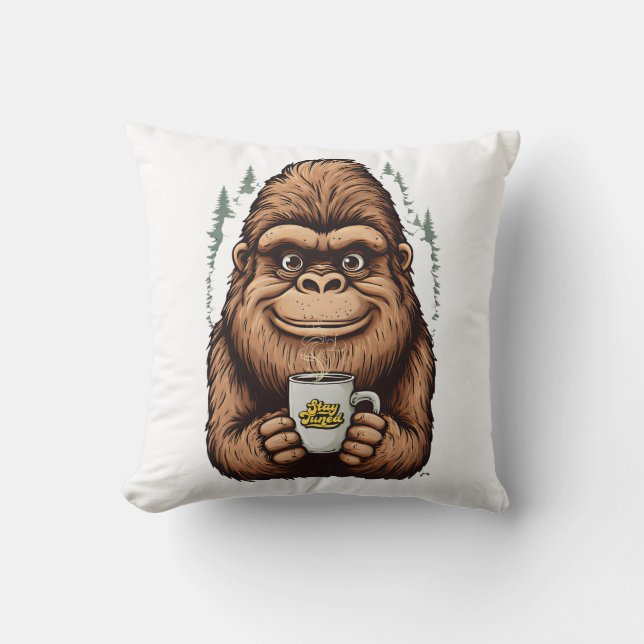 Cute Bigfoot Drinking Coffee  Funny Sasquatch  Cushion (Front)