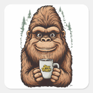 Cute Bigfoot Drinking Coffee  Funny Sasquatch  Square Sticker