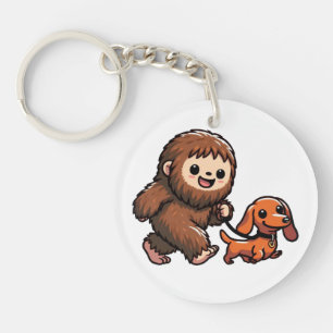 Cute Bigfoot Walking Cute Dachshund Key Ring