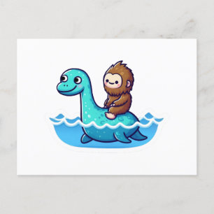 Cute Bigfoot with Cute Loch Ness Holiday Postcard