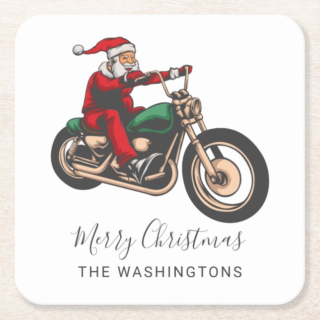 Cute Bike Rider Santa Christmas Square Paper Coaster (Front)