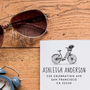 Cute Bike With Flowers Custom Name Return Address Rubber Stamp