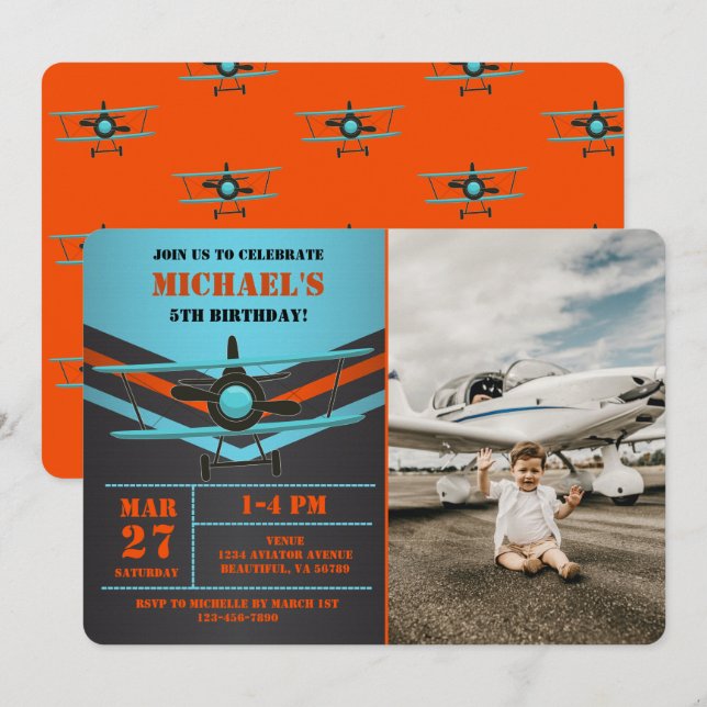 Cute Biplane Aviation Aeroplane Kids Photo Birthda Invitation (Front/Back)