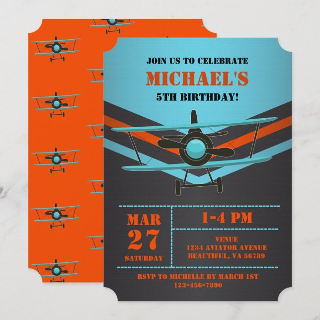 Cute Biplane Aviation Aeroplane Kids Pilot Birthda Invitation (Front/Back)