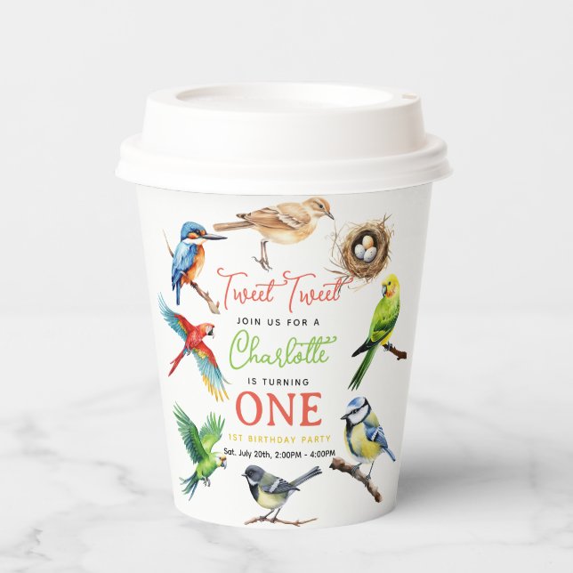 Cute Bird 1st Birthday Party Paper Cups (Front)