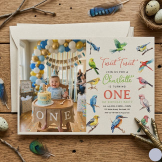 Cute Bird 1st Birthday Photo | Sweet Baby Bird  Invitation