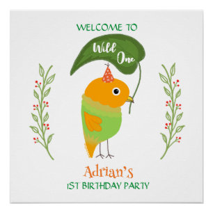 Cute Bird 1st Birthday Welcome Glossy Poster