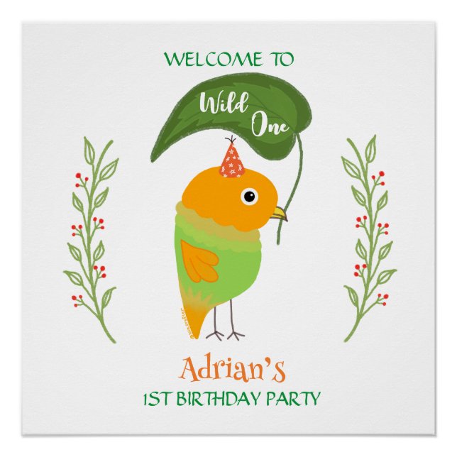 Cute Bird 1st Birthday Welcome Glossy Poster (Front)