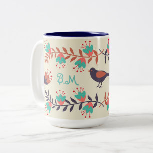 Cute Bird and Floral Folk Art Monogram Two-Tone Coffee Mug