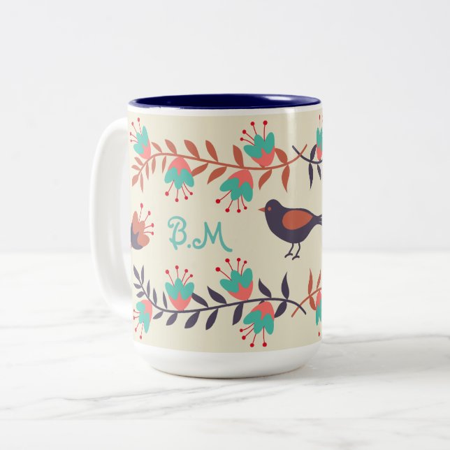 Cute Bird and Floral Folk Art Monogram Two-Tone Coffee Mug (Front Left)