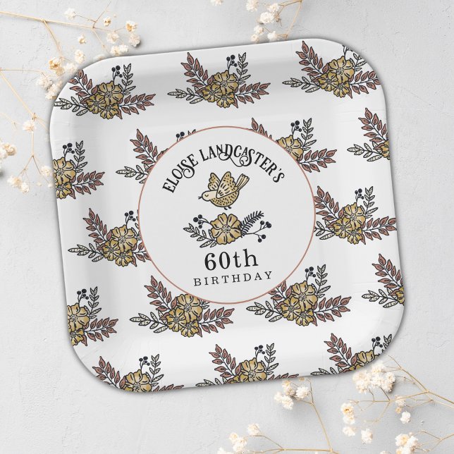 Cute Bird and Flowers 60th Birthday Party Paper Plate (Creator Uploaded)