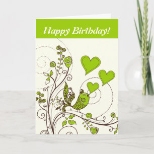 Cute bird and hearts floral green, brown custom card
