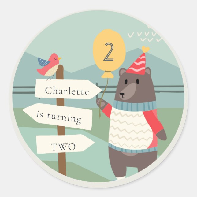 Cute Bird Bear Milestone Mountain Any Age Birthday Classic Round Sticker (Front)