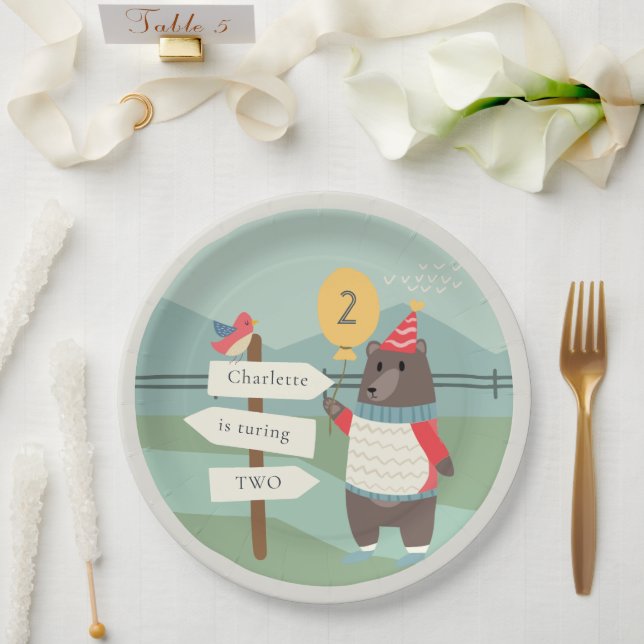 Cute Bird Bear Milestone Mountain Any Age Birthday Paper Plate (Wedding)