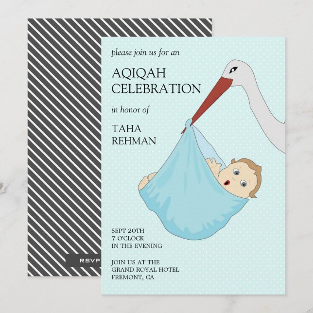 Cute Bird Blue Baby Boy Aqiqah Invitation (Front/Back)
