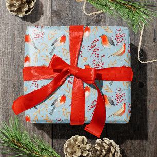 Cute Bird Blue Robin Winter Christmas Pattern Wrapping Paper