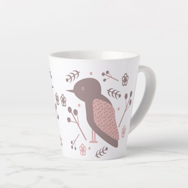 Cute Bird Brown Pink Botanical Floral Latte Mug (Right Angle)