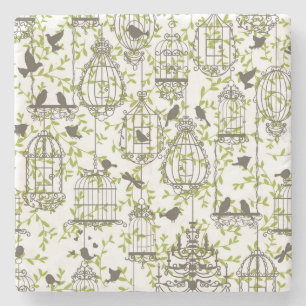 Cute Bird Cages and Birds Sketch Stone Coaster