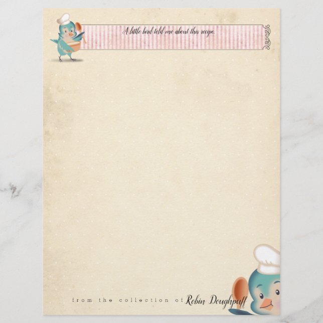 Cute bird chef personalised recipe letterhead (Front)