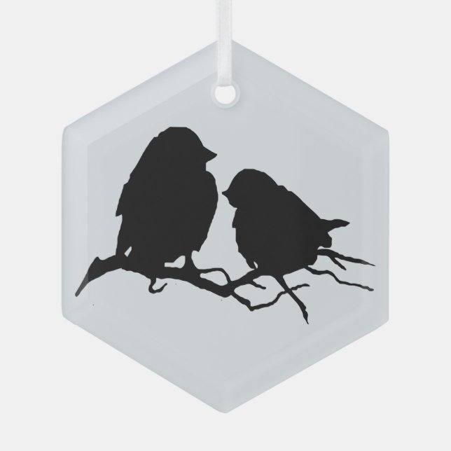 Cute Bird Couple Friends Silhouette Glass Tree Decoration (Front)
