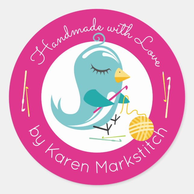 Cute bird crochet hook yarn handmade with love classic round sticker (Front)