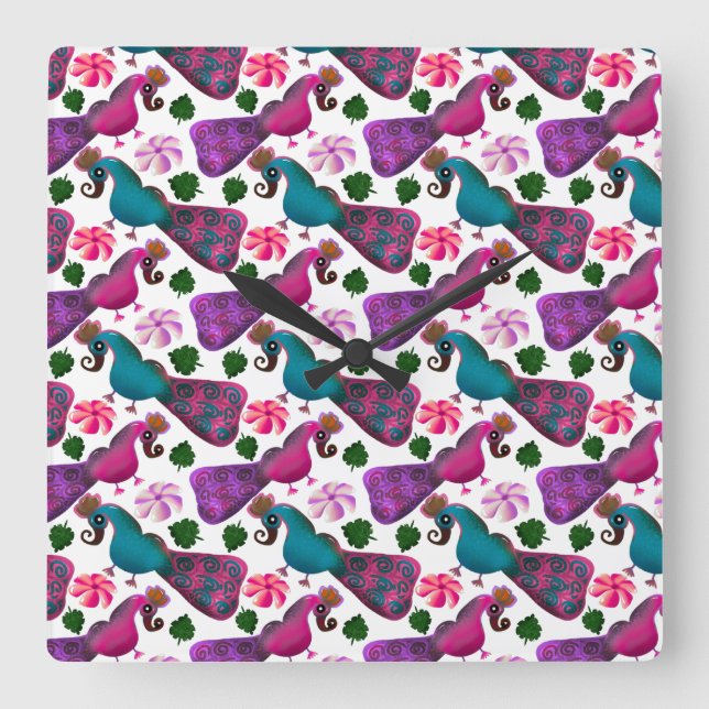 Cute Bird Floral Pattern | Colourful  Birds Square Wall Clock (Front)