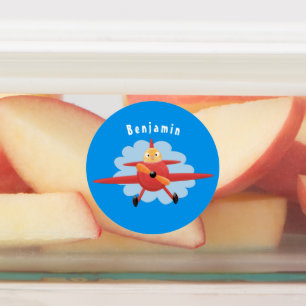 Cute bird flying red aeroplane cartoon illustratio