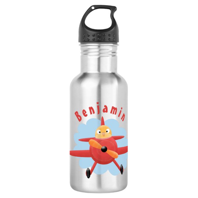 Cute bird flying red aeroplane cartoon illustratio 532 ml water bottle (Front)