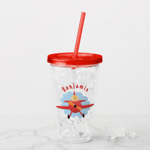 Cute bird flying red aeroplane cartoon illustratio acrylic tumbler
