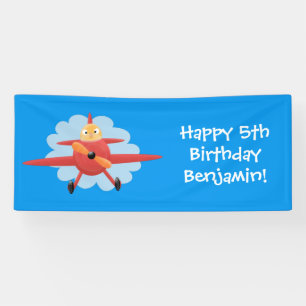 Cute bird flying red aeroplane cartoon illustratio banner