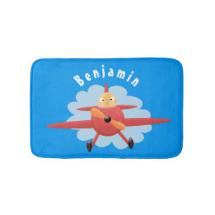 Cute bird flying red aeroplane cartoon illustratio bath mat