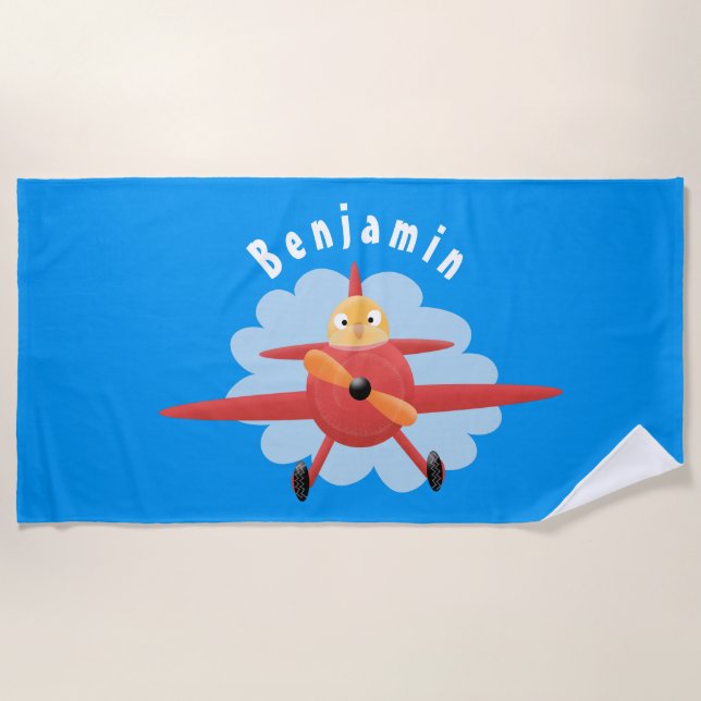 Cute bird flying red aeroplane cartoon illustratio beach towel (Front)