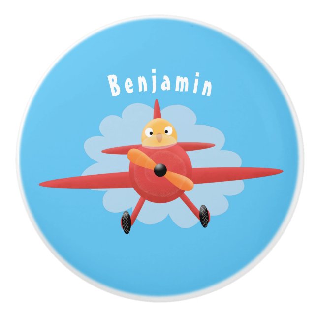 Cute bird flying red aeroplane cartoon illustratio ceramic knob (Front)