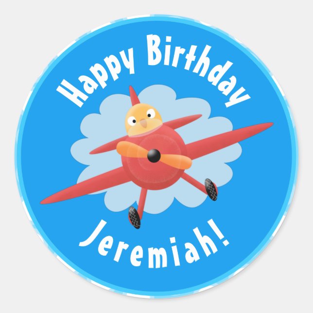 Cute bird flying red aeroplane cartoon illustratio classic round sticker (Front)