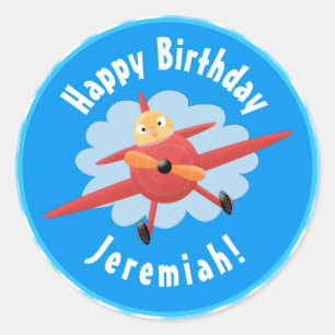Cute bird flying red aeroplane cartoon illustratio classic round sticker