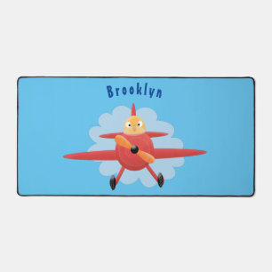 Cute bird flying red aeroplane cartoon illustratio desk mat