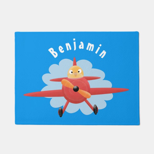 Cute bird flying red aeroplane cartoon illustratio doormat (Front)